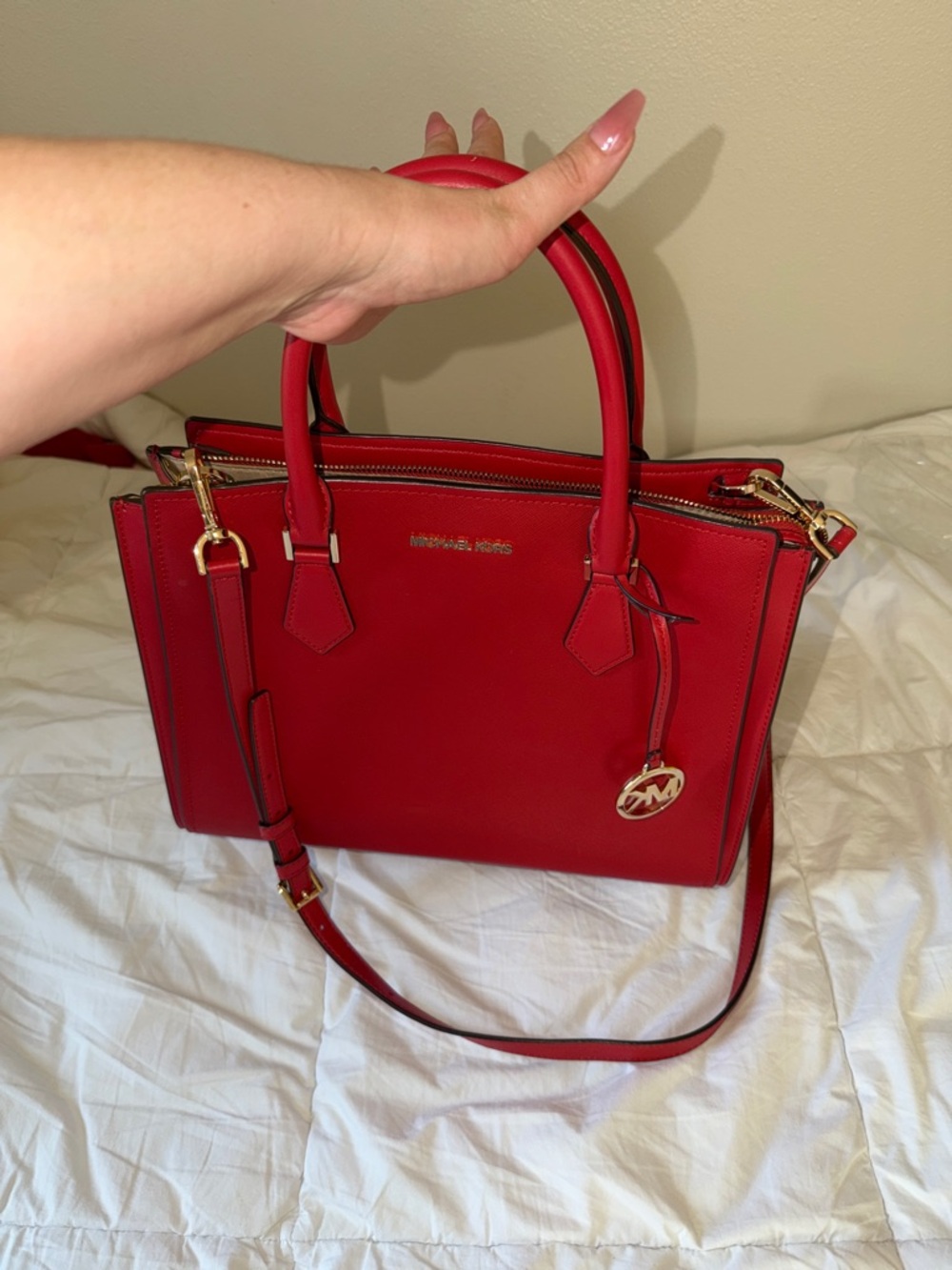 Michael Kors Red Saffiano Satchel with Gold Charm